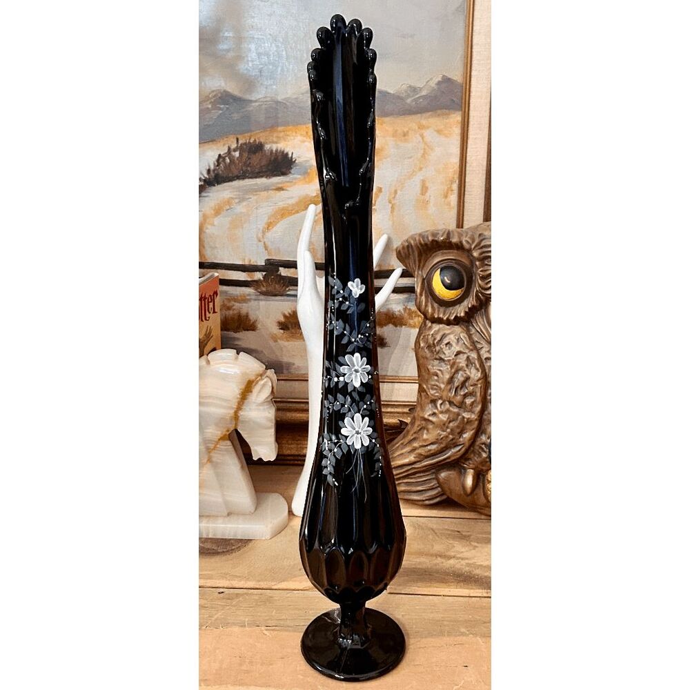 Vintage Fenton Swung Thumbprint Glass Vase by P. Barbour - Black Amethyst Opales